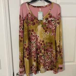 Floral V-Neck Long Sleeve Top in Pink and Yellow BNWT
